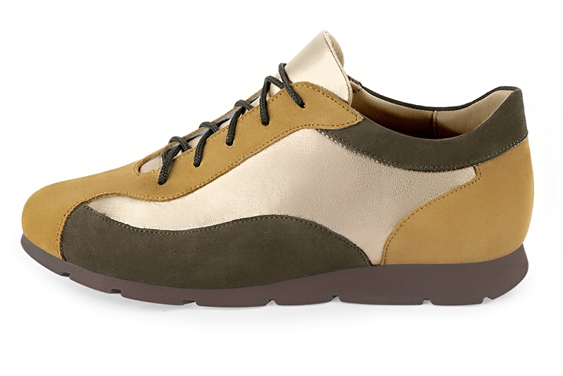 Mustard yellow, gold and khaki green women's three-tone elegant sneakers. Round toe. Flat rubber soles. Profile view - Florence KOOIJMAN